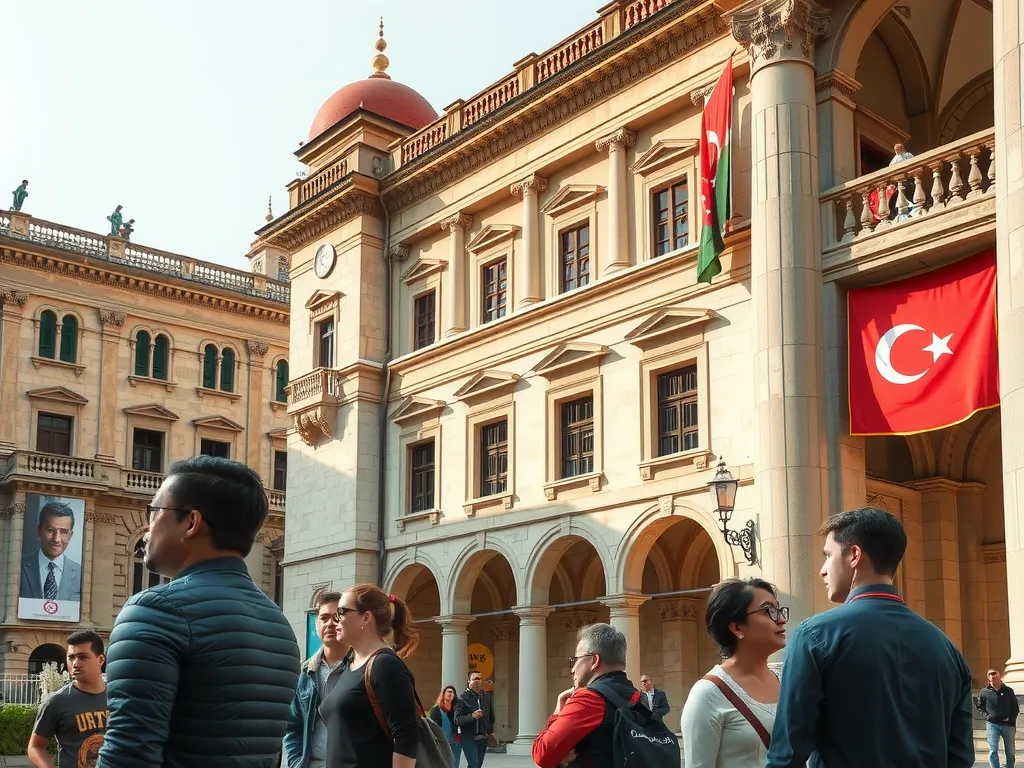 Turkish university setting with diverse international students, historic architecture, modern technology, photorealistic, high quality, natural lighting, capturing cultural and educational harmony