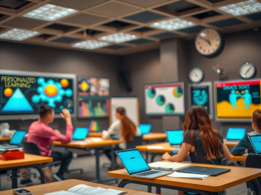 Close-up of an AI application enhancing personalized learning in a digital classroom, detailed, vibrant colors, futuristic feel
