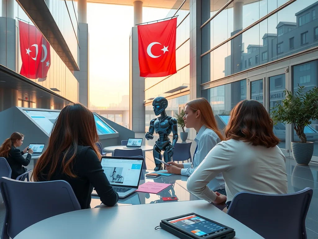 High-tech Turkish university campus with students using AI technologies, photorealistic, high quality, modern architecture, interactive learning environments