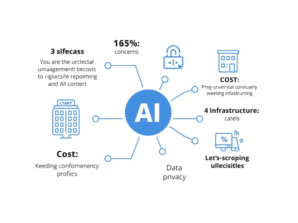 Illustration of challenges in AI implementation in universities, showing cost, infrastructure, and data privacy concerns, high quality, abstract representation Illustration of challenges in AI implementation in universities, showing cost, infrastructure, and data privacy concerns, high quality, abstract representation