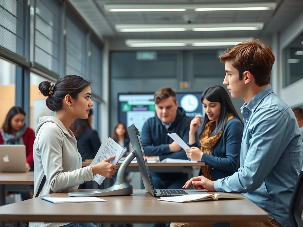 Students in a modern university setting using AI tools for research and education at Bilkent University and Istanbul Technical University, photorealistic, engaging atmosphere Students in a modern university setting using AI tools for research and education at Bilkent University and Istanbul Technical University, photorealistic, engaging atmosphere