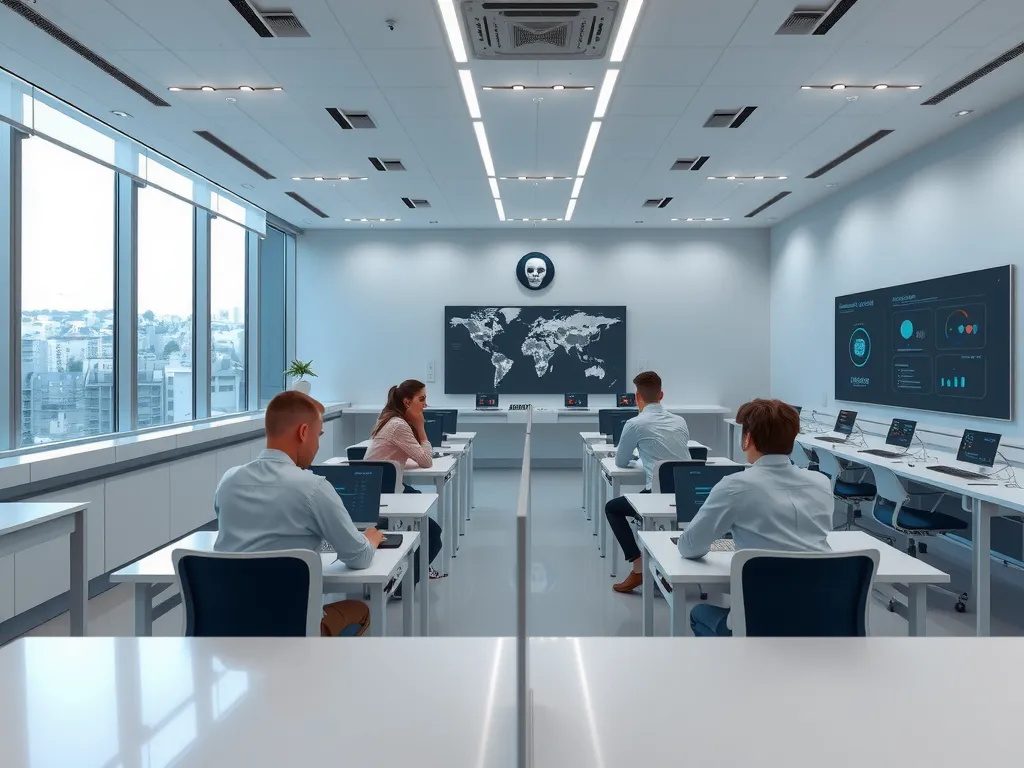 Futuristic classroom in Turkey utilizing artificial intelligence, modern design, students interacting with AI technology, photorealistic, high quality, professional lighting