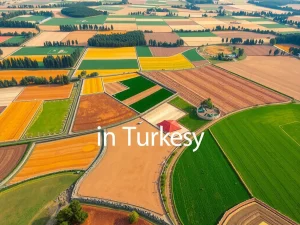Aerial view of diverse agricultural landscapes in Turkey, showcasing fertile fields, traditional farming practices, and modern sustainable techniques, photorealistic, high-quality, detailed, natural lighting.