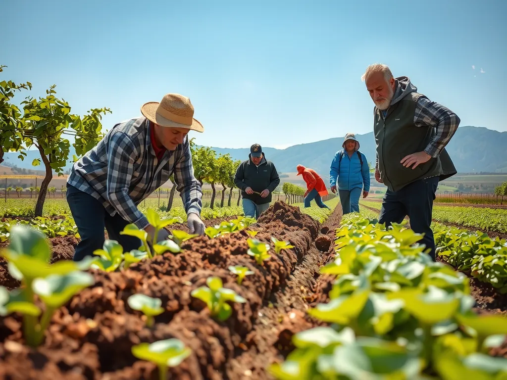Agricultural workers in Turkey conducting organic farming practices, including crop rotation and composting, under bright sunlight, detailed, realistic. Agricultural workers in Turkey conducting organic farming practices, including crop rotation and composting, under bright sunlight, detailed, realistic.