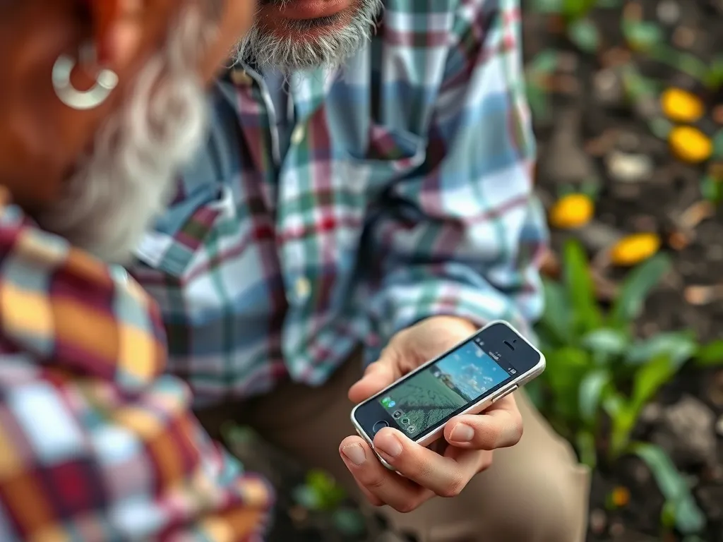 Close-up of traditional Turkish farmer using a smartphone for mapping soil fertility and pest control, blending modern technology with traditional agriculture, professional photography style.