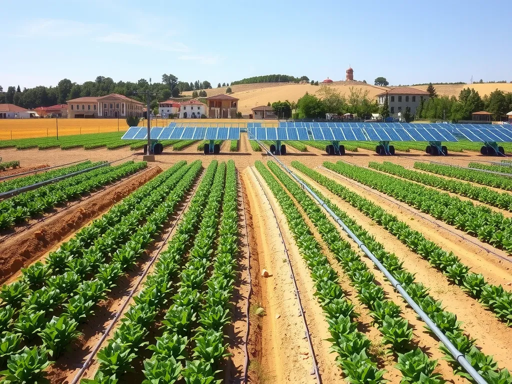 Modern drip irrigation systems in Turkish fields, with solar panels, showing efficient water use technology in agriculture, photorealistic, high-quality.