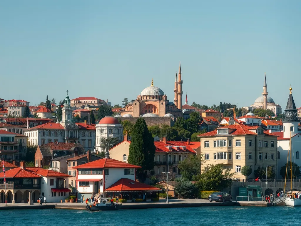 Scenic view of Istanbul including Bosphorus and Hagia Sophia, vibrant city life, historical and cultural landmarks, high quality photography