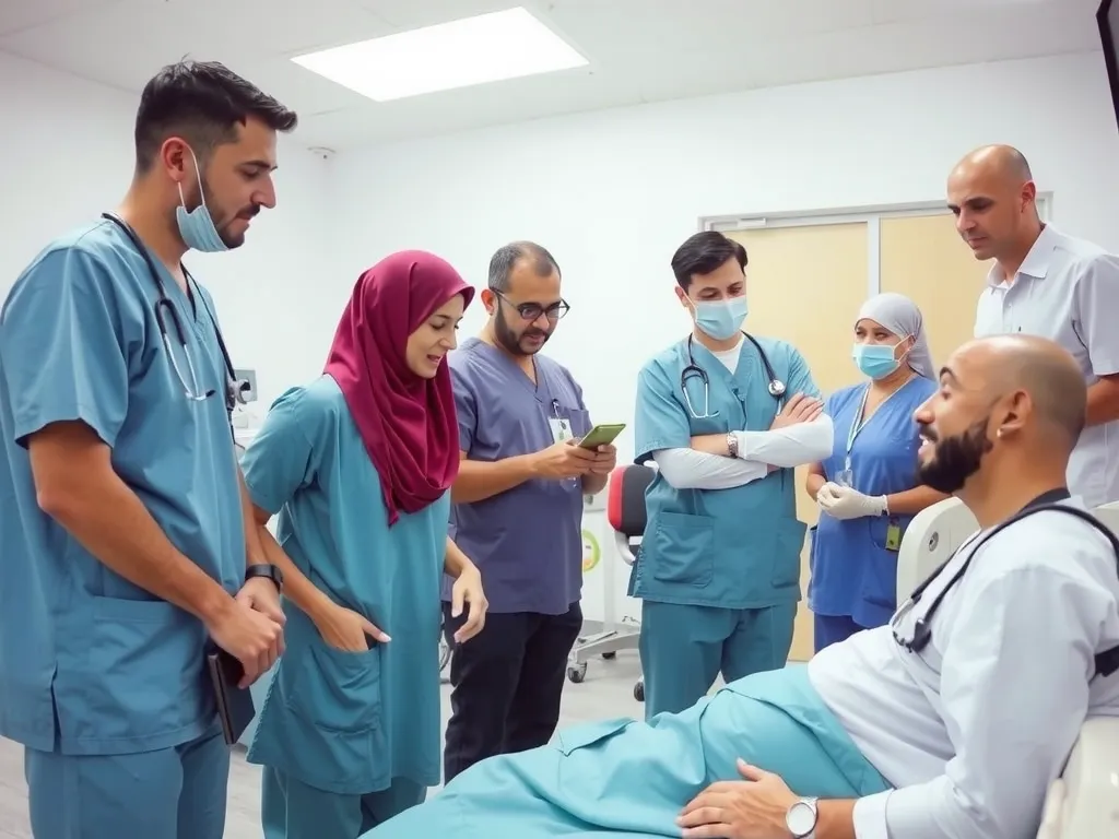 Turkish healthcare professionals in modern hospital setting, professional attire, multi-cultural team, engaging with patient