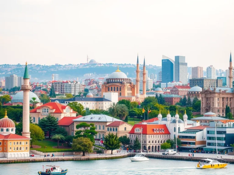 A beautiful panoramic view of Istanbul with its diverse skyline, blending historical landmarks like Hagia Sophia and modern skyscrapers, photorealistic, high quality, vibrant colors, professional photography