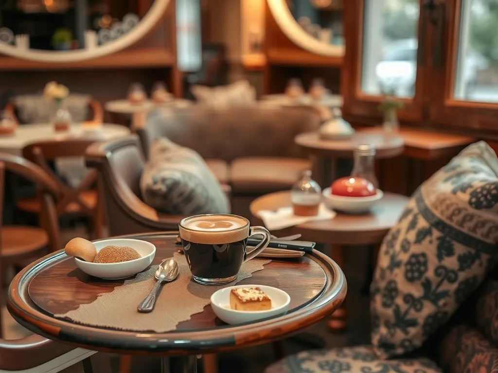 A cozy Turkish café scene with traditional coffee and sweets on a small table, rustic decor, warm lighting