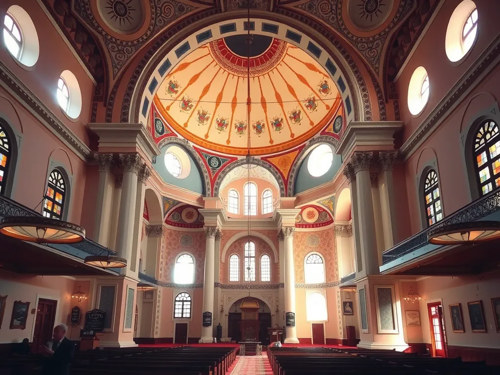An elegant interior of a Turkish mosque with intricate designs, warm lighting, and respectful atmosphere