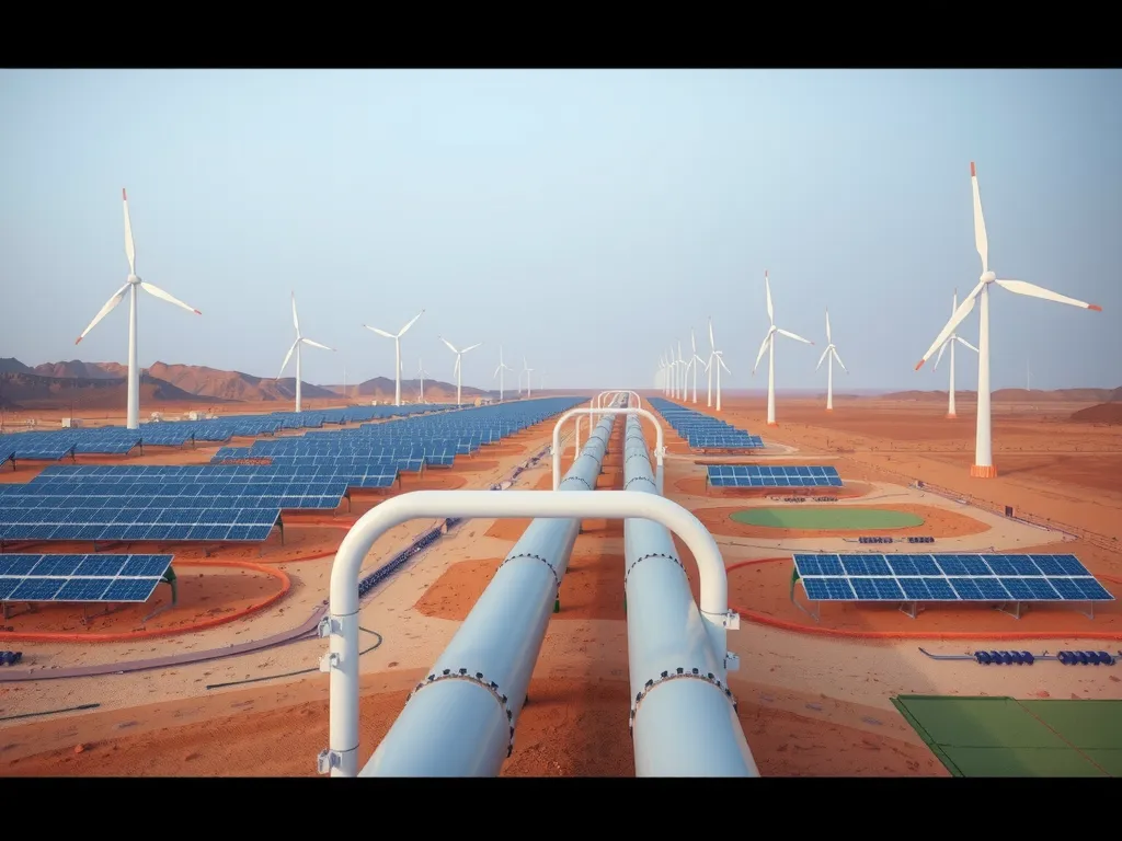 Advanced energy infrastructure, including pipelines, solar fields, and wind turbines in a Middle Eastern desert landscape, high-quality, photorealistic