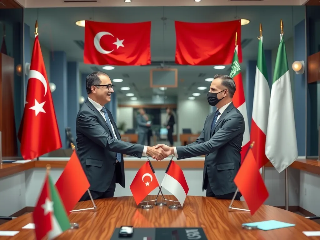 Economic collaboration between Turkey and Gulf states, depicting businessmen shaking hands in a modern conference room with symbols of partnership such as flags and trade agreements, high-quality, business setting