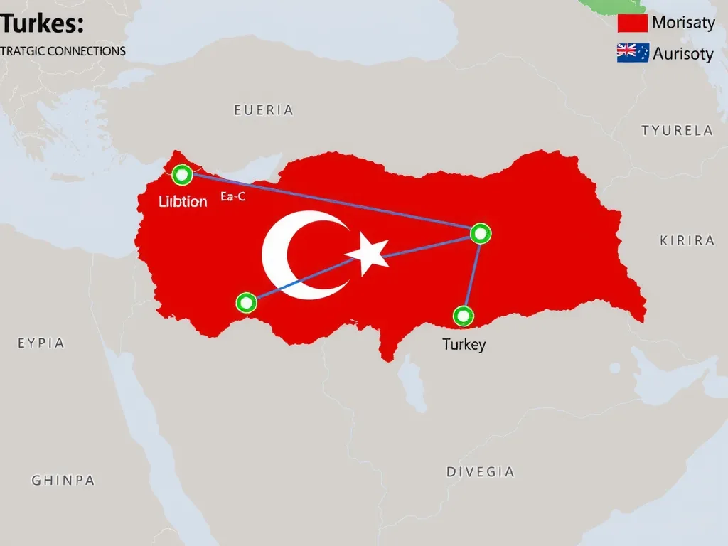 A map showing Turkey's strategic connections in the Middle East, highlighting trade routes, energy pipelines, and diplomatic ties, high-quality, professional, detailed map style