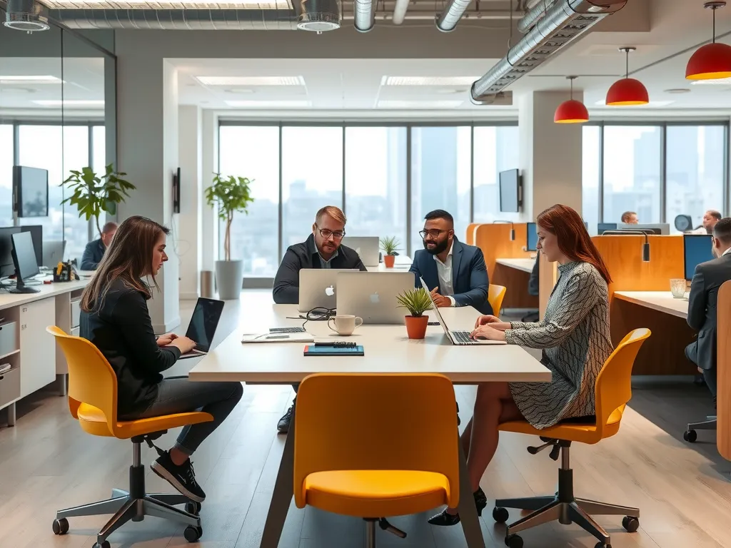 Co-working space in Istanbul with modern facilities, professionals working on laptops, photorealistic, high-tech environment