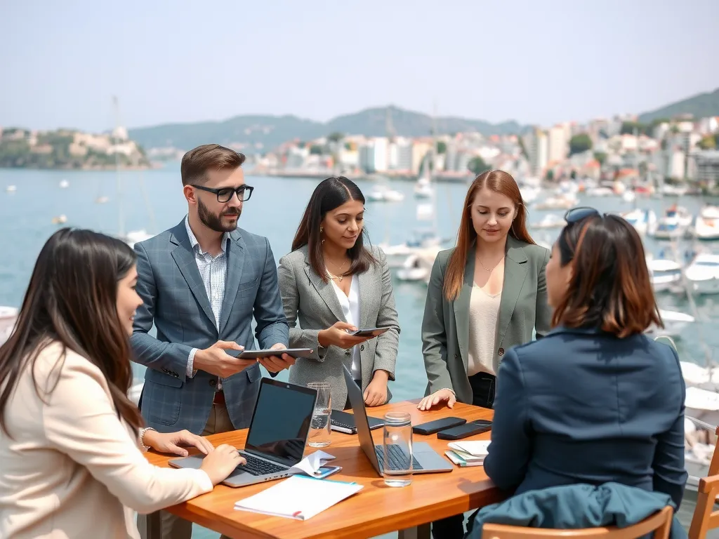 Professionals networking and collaborating in a coastal city like Antalya, focusing on technology use, relaxed yet professional atmosphere