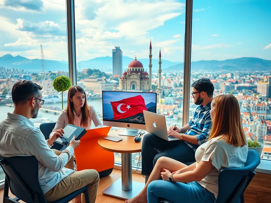 A vibrant and modern remote work setting in Turkey, showcasing digital technology, professionals collaborating online, a mixture of natural and city landscapes, representing the dynamic and diverse work culture