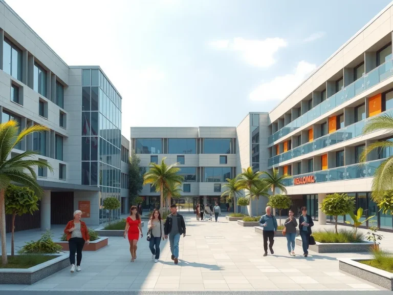 A bustling university campus in Turkey, featuring modern architecture, with students from various nationalities walking and interacting, photorealistic, high quality, dynamic lighting