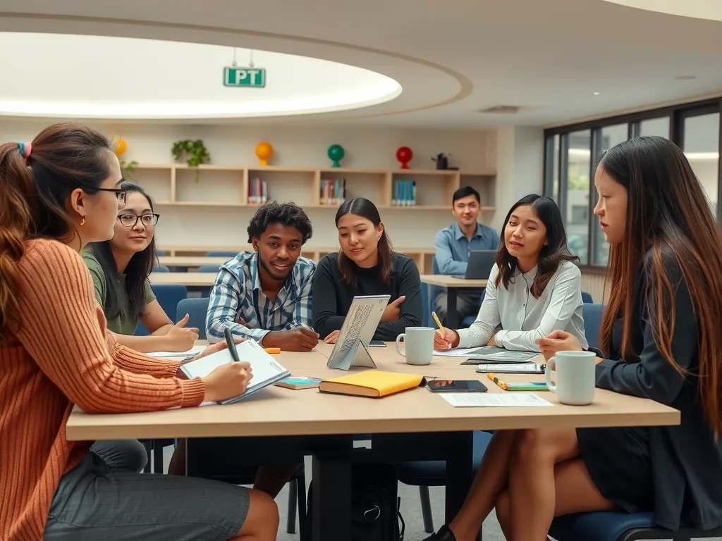 A diverse group of students having a meeting in a university study room, focused on collaborative learning and exchange of ideas, photorealistic, engaging environment