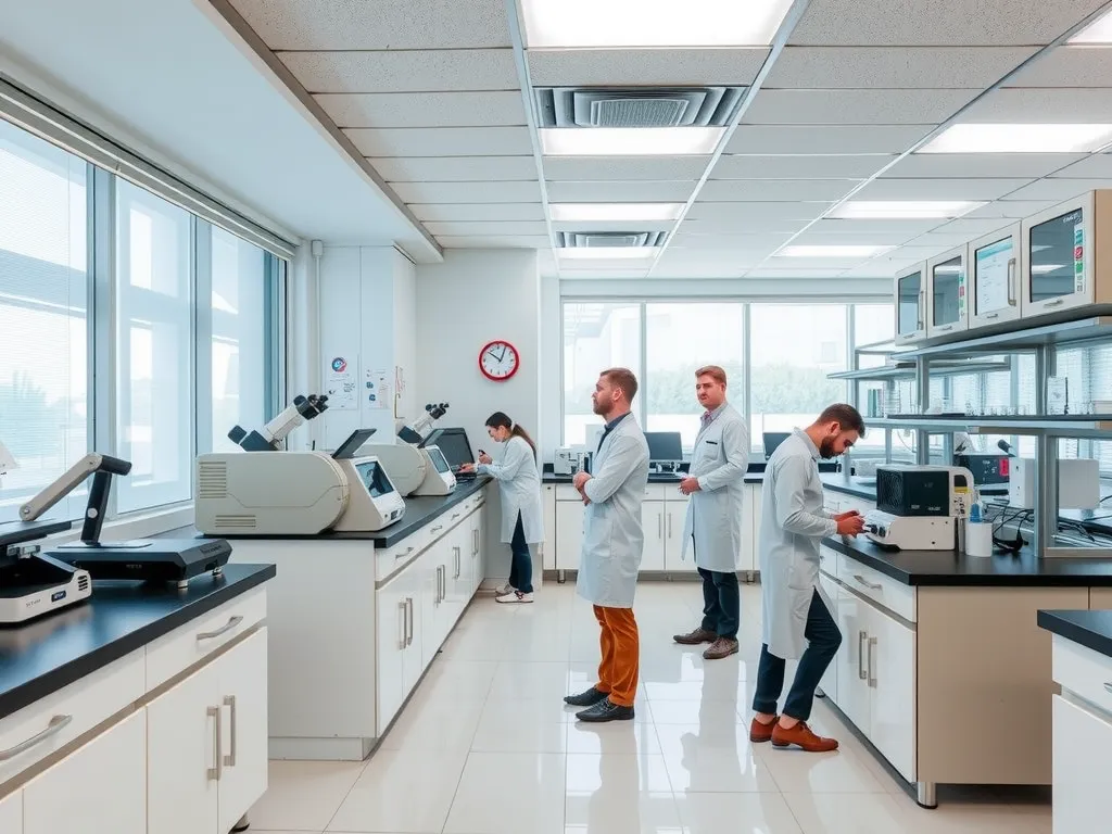 High-tech laboratory at a private university in Turkey, featuring advanced equipment and a small group of students in lab coats conducting experiments High-tech laboratory at a private university in Turkey, featuring advanced equipment and a small group of students in lab coats conducting experiments