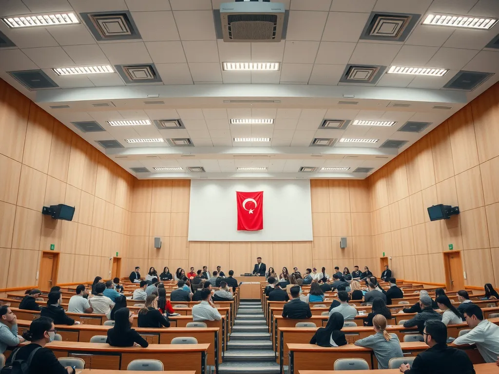 Interior view of a Turkish government university classroom with students attending a lecture in a spacious hall, photorealistic, detailed Interior view of a Turkish government university classroom with students attending a lecture in a spacious hall, photorealistic, detailed