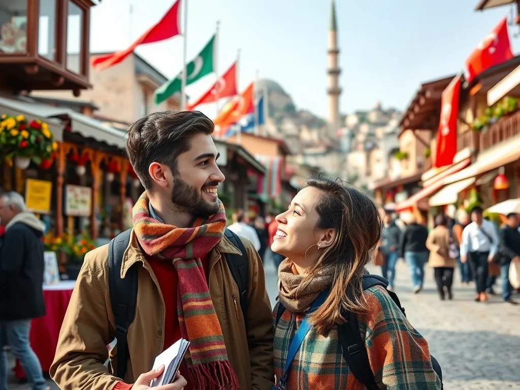 An international student interacting with Turkish culture, showcasing cultural landmarks and traditional settings in Turkey, vibrant colors, diverse atmosphere