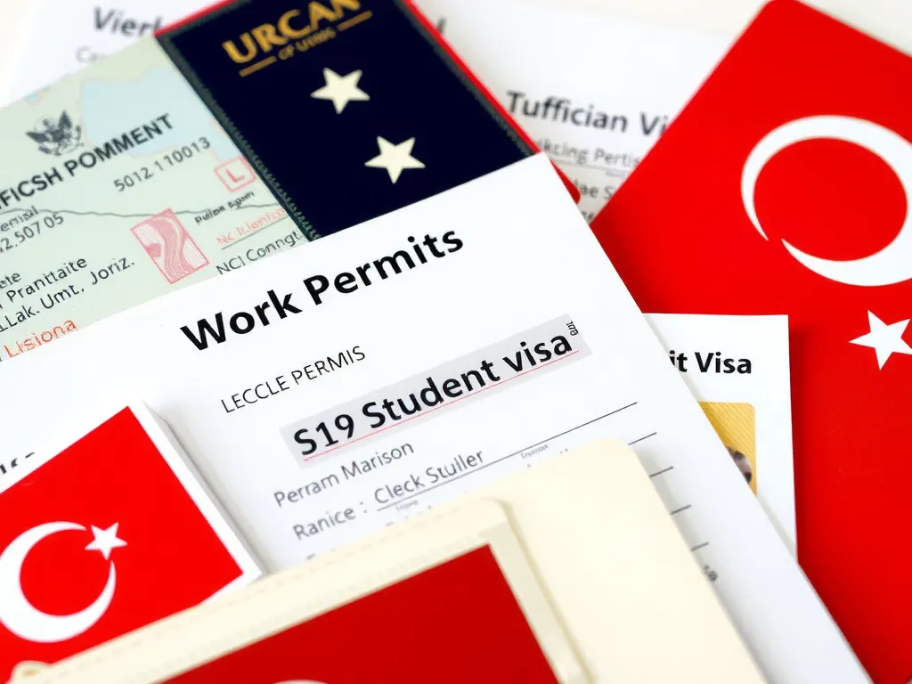 Close-up image showing a pile of official documents related to work permits and student visas, accompanied by Turkish national symbols, detailed, professional setting