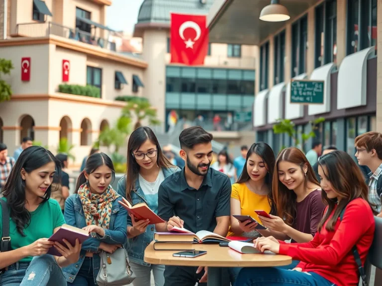 A diverse group of international students studying together in a modern Turkish university campus, with a backdrop of Turkish architectural styles and vibrant student life, photorealistic, high quality, natural lighting.