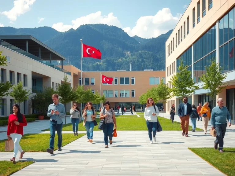 Scenic view of a modern Turkish university campus with students from diverse backgrounds walking and interacting, photorealistic, high quality, vibrant colors
