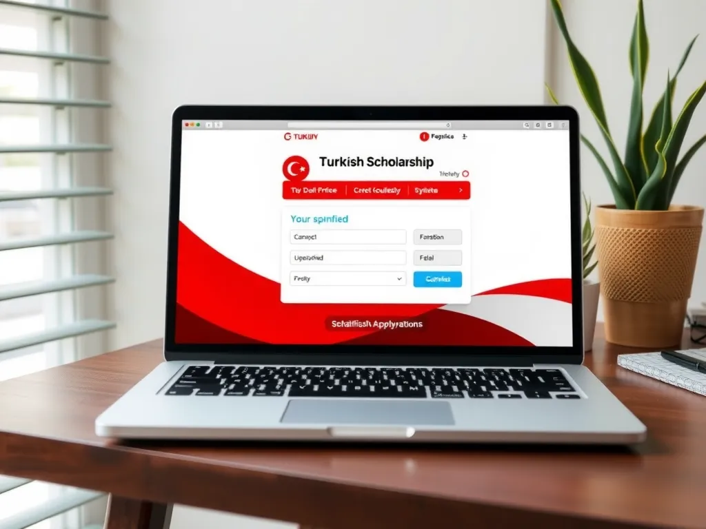 Professional Turkish scholarship online application portal interface on a laptop screen, with user-friendly design and submission progress, bright and clear display
