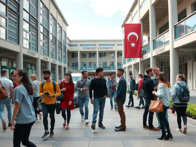 Modern Turkish university campus with international students interacting, diverse group, photorealistic, high quality, vibrant atmosphere, academic setting
