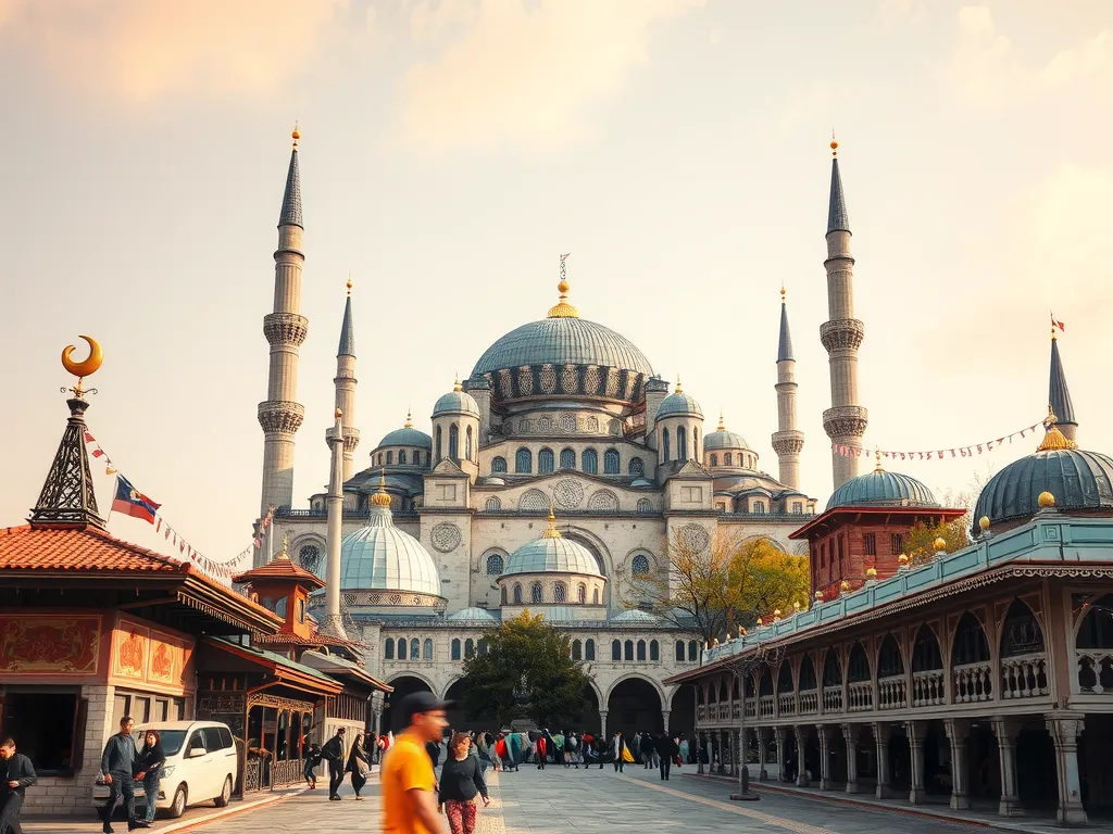 A complex intersection of Turkish culture and Islam, showcasing diverse elements like ornate mosques, traditional Turkish art and architecture, cultural practices, seamless blend of Eastern and Western influences, photorealistic, high quality