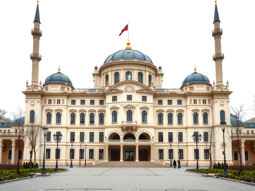 Depiction of Turkish parliament or courthouse symbolizing secular and religious balance, clean and modern design, photorealistic Depiction of Turkish parliament or courthouse symbolizing secular and religious balance, clean and modern design, photorealistic