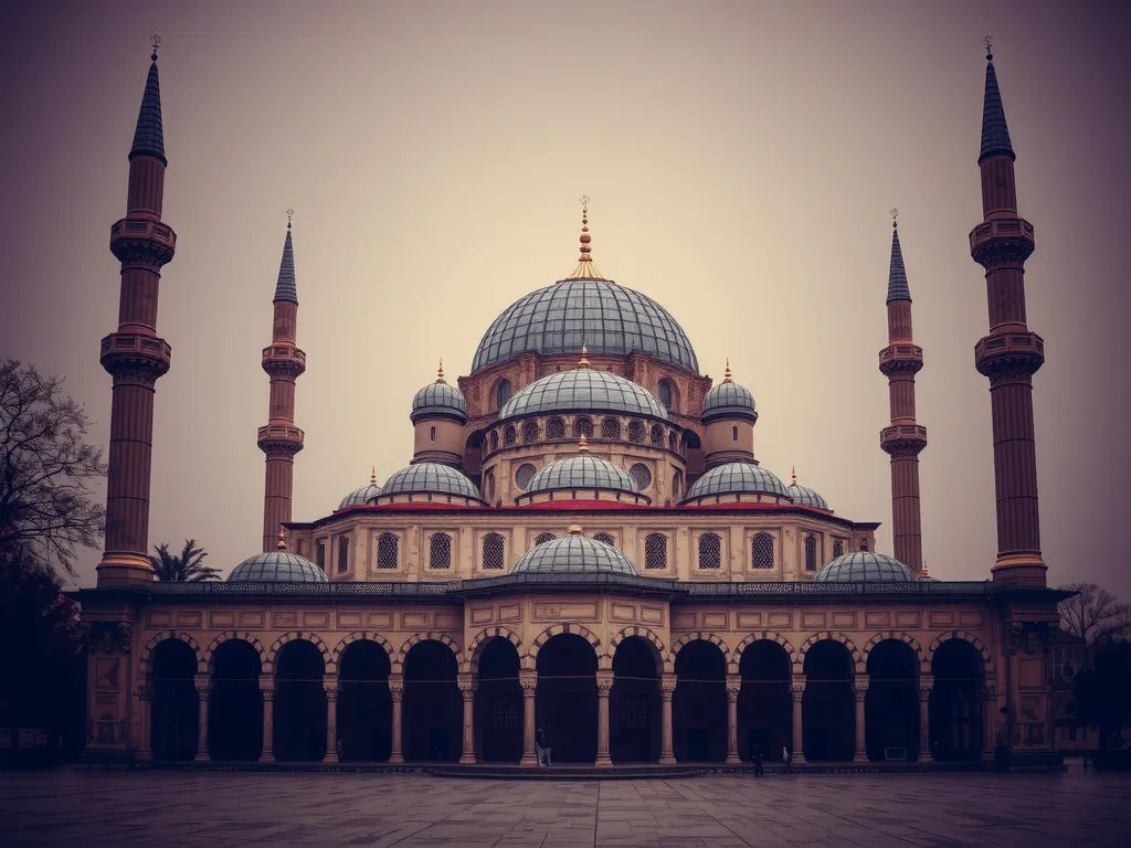 Ottoman mosque with large domes and minarets, reflecting Islamic architectural excellence, detailed and photorealistic, atmospheric lighting, showing historical significance Ottoman mosque with large domes and minarets, reflecting Islamic architectural excellence, detailed and photorealistic, atmospheric lighting, showing historical significance
