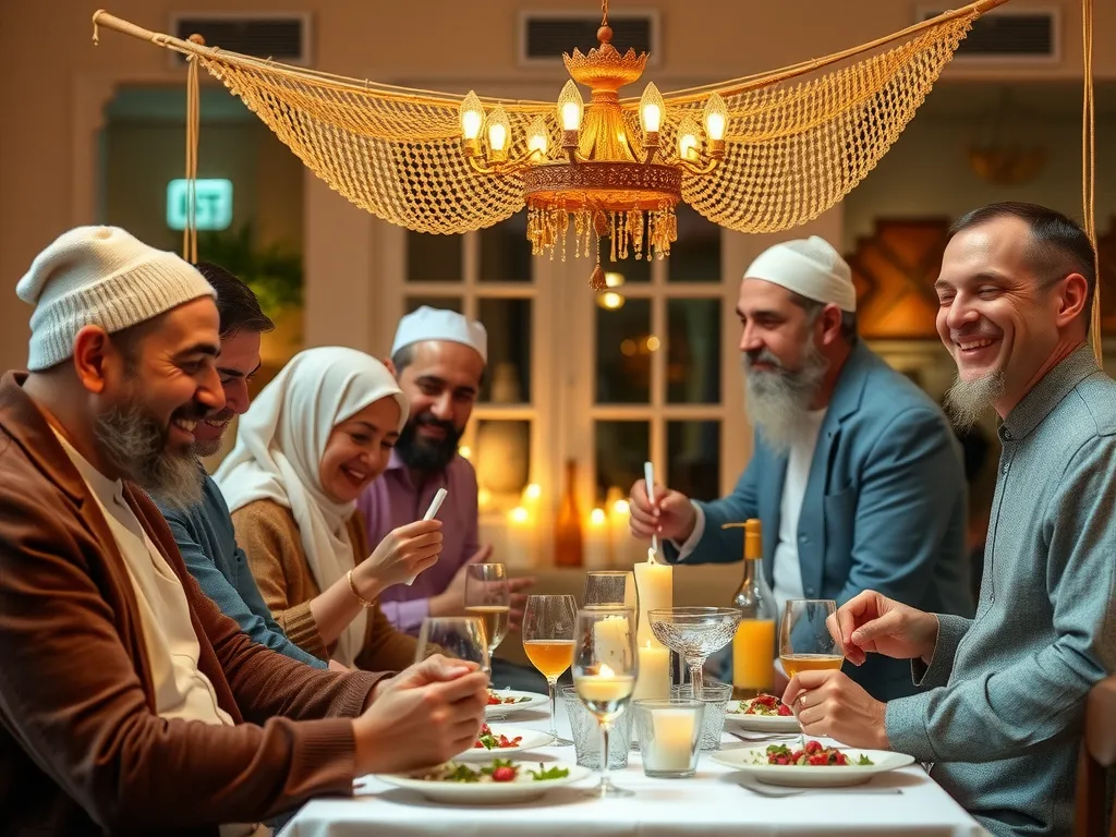 Modern Turkish society engaging in communal iftar dinner during Ramadan, warm and inviting atmosphere, capturing cultural unity and Islamic traditions Modern Turkish society engaging in communal iftar dinner during Ramadan, warm and inviting atmosphere, capturing cultural unity and Islamic traditions
