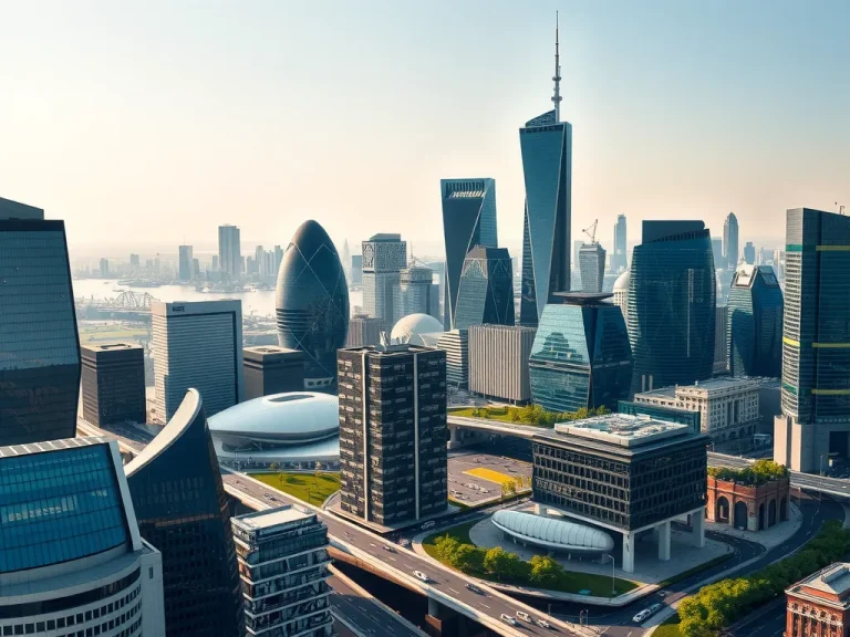 A futuristic cityscape symbolizing diverse economic growth, featuring advanced technology and green infrastructure, professional photography, high-quality lighting