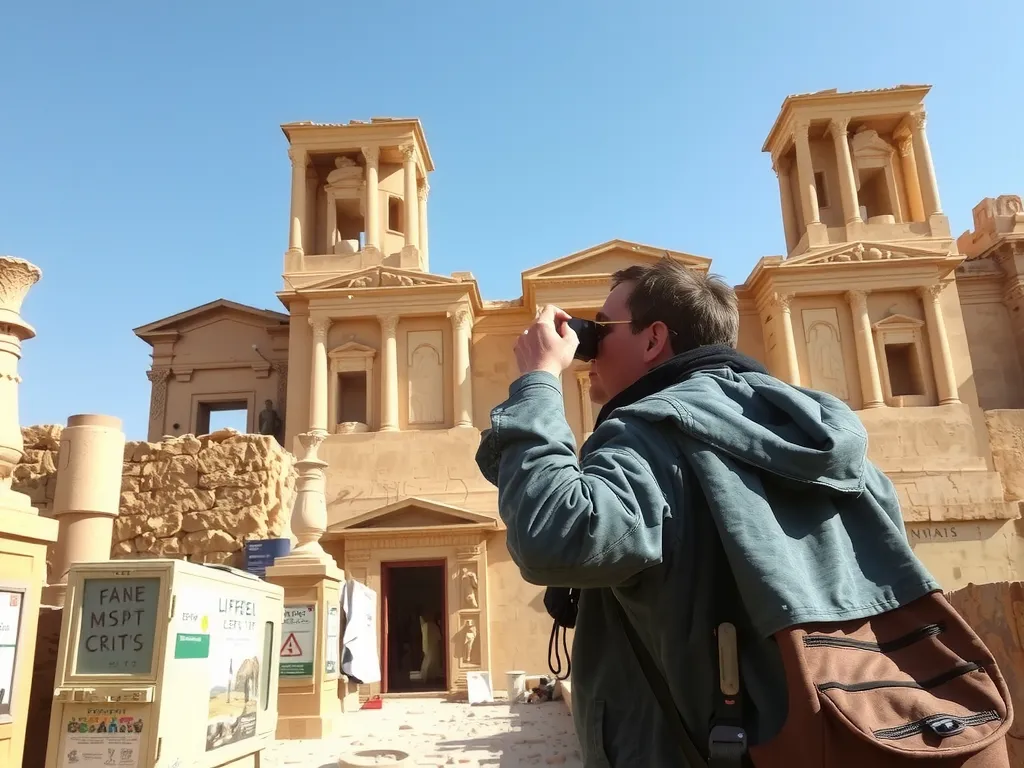 A tourist exploring historical ruins in the Middle East, vibrant cultural setting, natural lighting