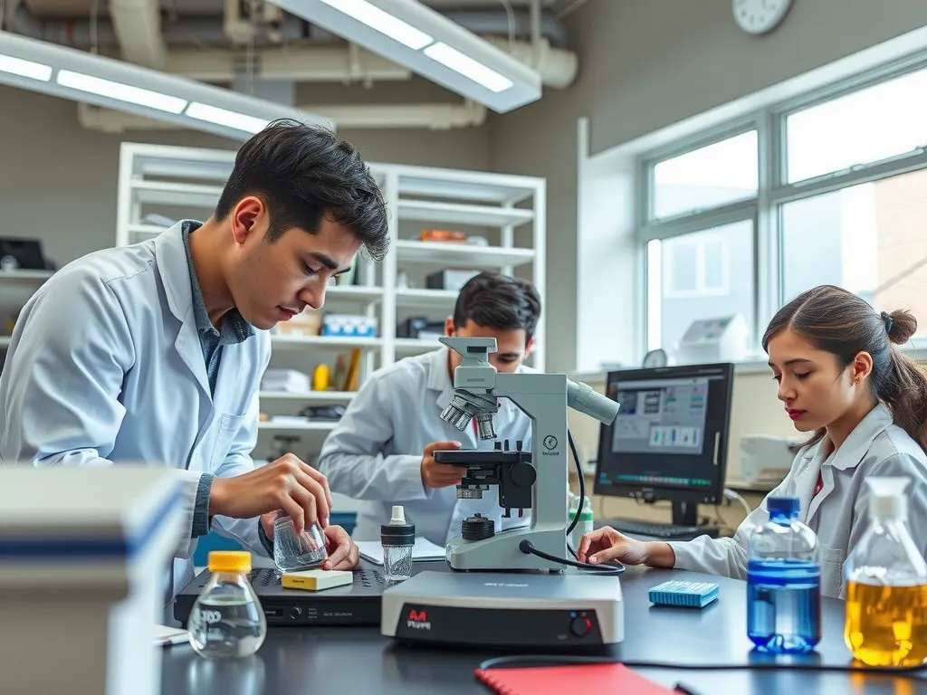 Advanced research laboratory with students collaborating on innovative projects, modern equipment, creative teamwork, high detail, professional lighting