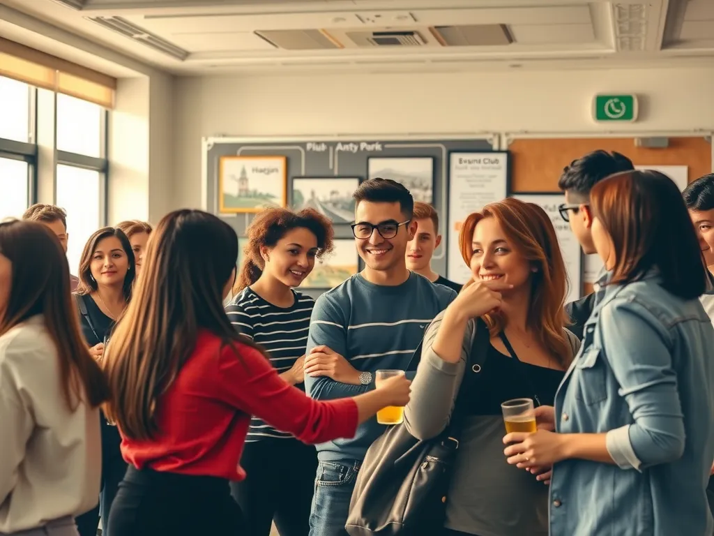 Diverse student club activities at a Turkish university, cultural exchange, engaging community, interactive setting, vibrant colors