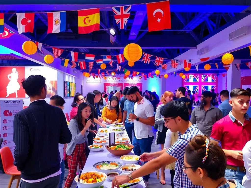 Interactive cultural festival at a Turkish university, students enjoying international cuisines, music and dance, colorful decorations