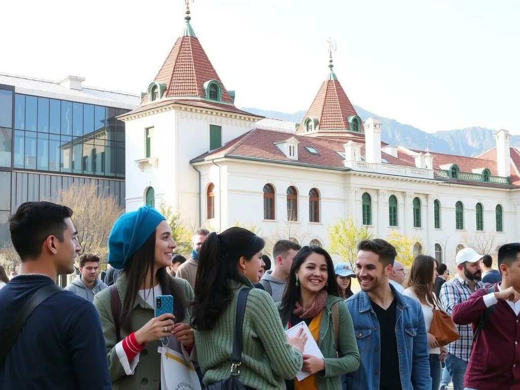 International students enjoying a vibrant campus life in Turkey, modern and historical architecture, diverse student group, photorealistic, high quality, professional photography