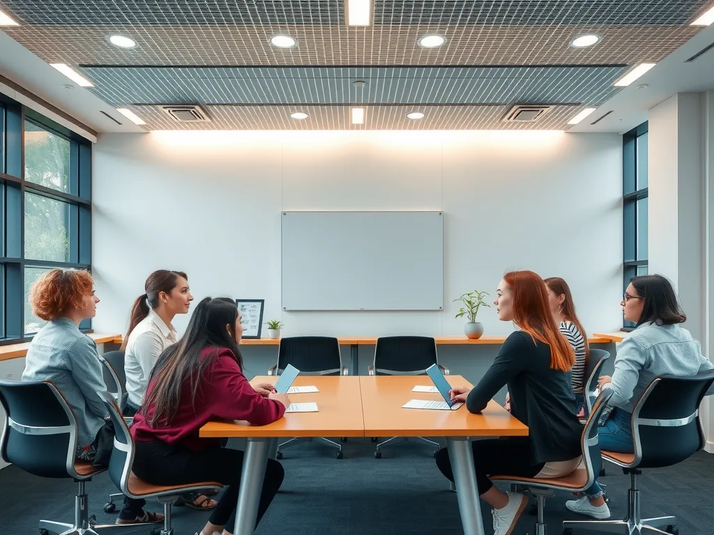 Student council meeting in a university setting, discussing academic policies, leadership and teamwork, modern conference room