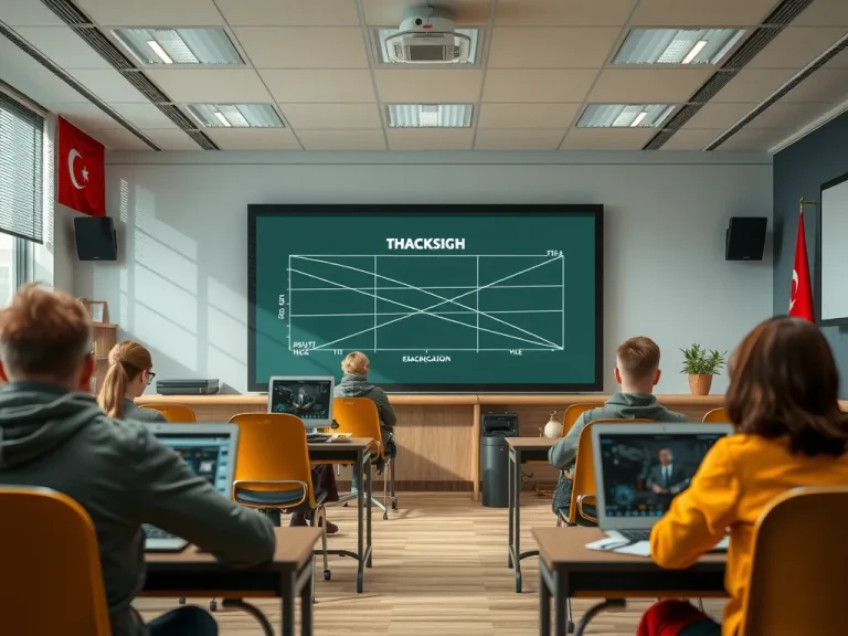 A futuristic classroom scene depicting the integration of artificial intelligence in higher education, with Turkish cultural elements, photorealistic, high quality, modern education setting