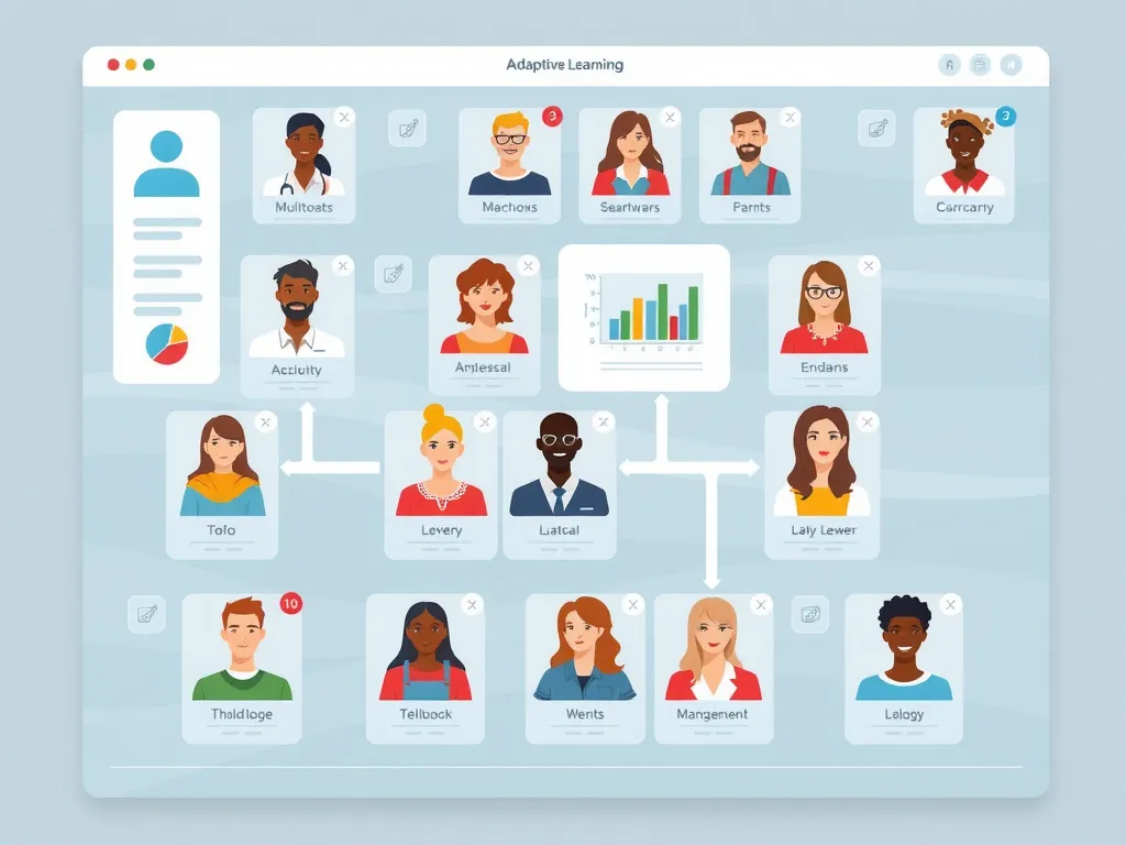 A detailed illustration of a digital adaptive learning platform showing personalized learning pathways and diverse avatars, professional photography, clear background