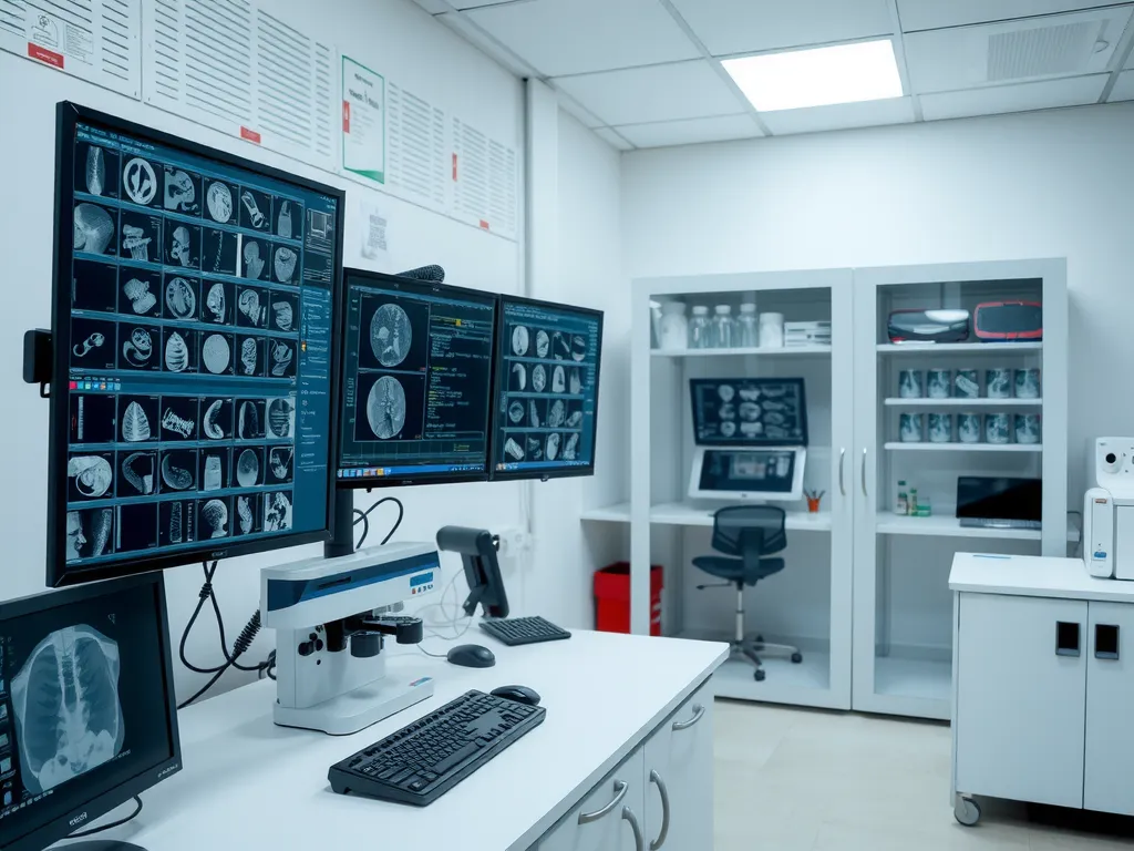 Scene of a research lab with AI technology in a Turkish university, focusing on medical imaging analysis and data management, high quality, modern lab equipment
