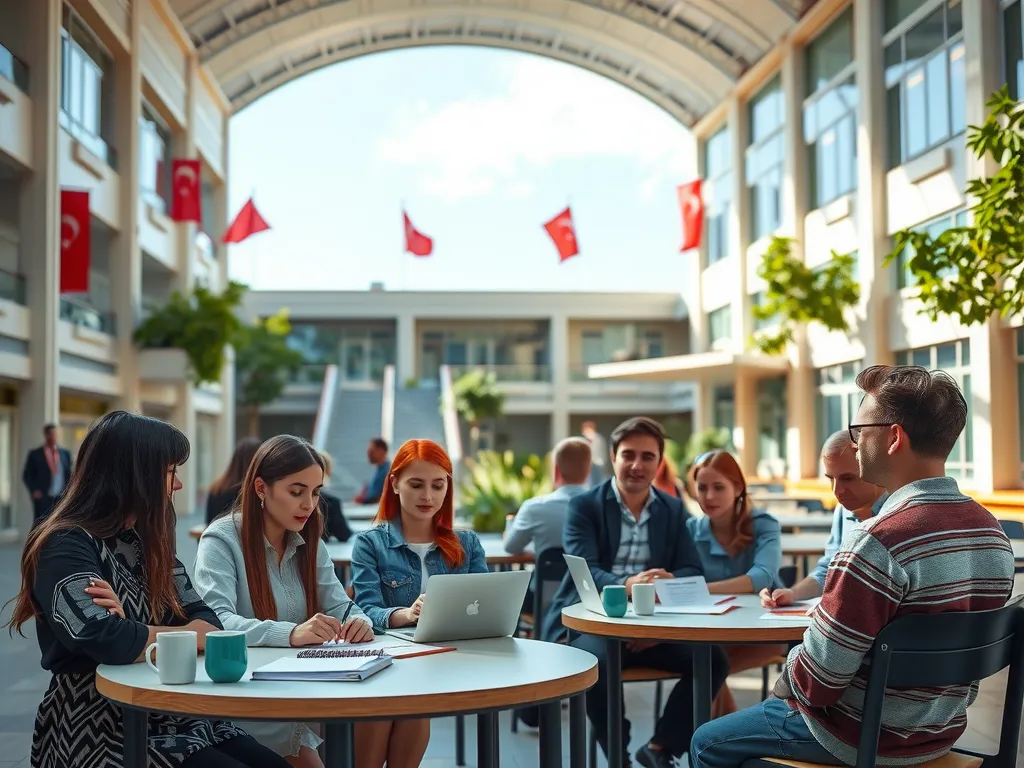 A Turkish university campus with students engaged in AI-assisted learning, high quality, natural lighting, educational environment