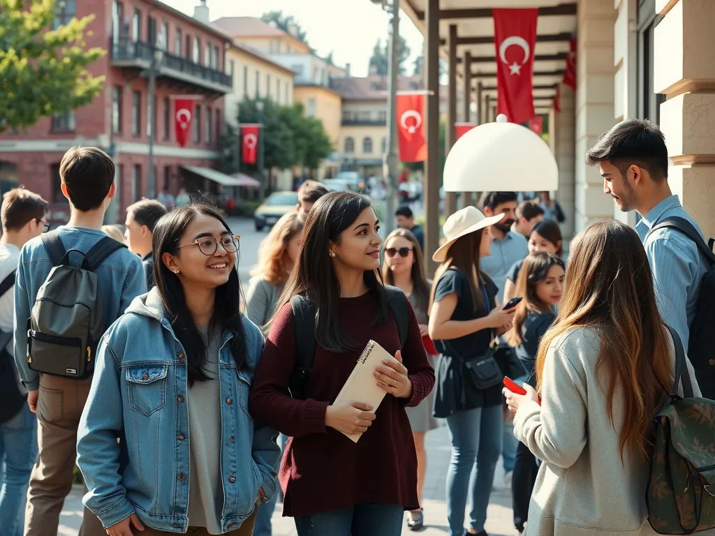 International students group interaction in a vibrant Turkish university campus, diverse cultural backgrounds, photorealistic, high quality, academic and social engagement