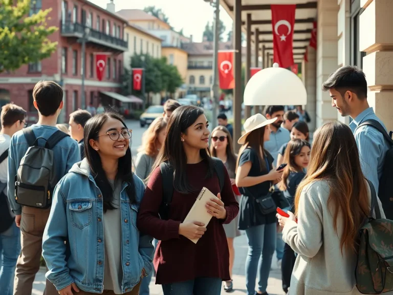 International students group interaction in a vibrant Turkish university campus, diverse cultural backgrounds, photorealistic, high quality, academic and social engagement