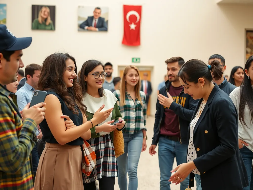 Students participating in a cultural event at a university, showcasing international students interacting with Turkish peers, lively academic setting