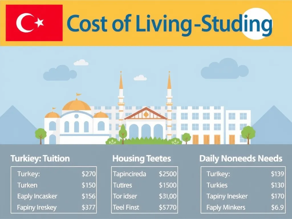 Cost of living and studying in Turkey graphically represented, showing expenses for tuition, housing, and daily needs, clean and informative